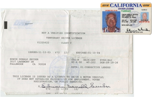 Duke Sniders California Driver License and Signed DMV Documents (Beckett)
